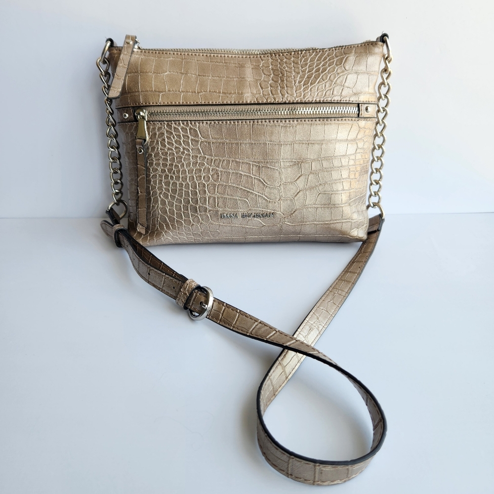 RETIRED Dana Buchman Gold Leather Metallic Everett Crossbody Bag Faux Crocodile